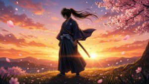 身穿深色長袍的武士在日落時分站在櫻花下，劍在身邊