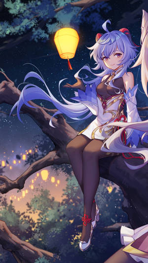 紫髮動漫女孩在星空夜晚拿著發光的燈籠。