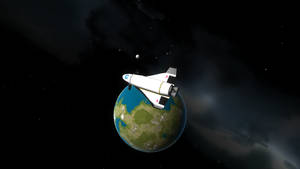 白色太空穿梭機在深空中繞著一顆藍綠色行星運行，伴有星星和衛星。