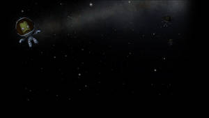 三個卡通太空人在發光星雲附近的太空中漂流。