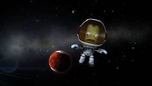 卡通太空人在太空漂浮，靠近一顆紅色行星，有星星。