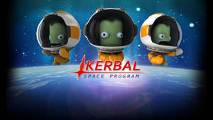 三名綠色Kerbal太空人在太空中漂浮於行星之上。