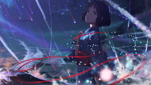 穿著藍色和服的動漫女孩被發光的宇宙粒子和光跡包圍。