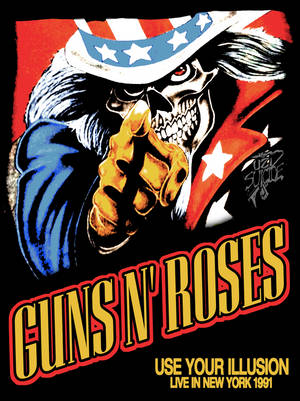 Guns N' Roses音樂會海報，特色是一個戴著美國國旗帽子的骷髏頭向前指。 — 玫瑰金風格 壁紙