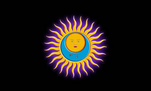 一個卡通太陽和月亮，帶有臉孔，在黑色背景上互相擁抱。