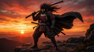 身穿盔甲的武士戰士在日落懸崖上持刀，風吹斗篷