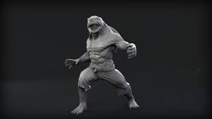 一個灰色3D渲染的鯊魚頭怪物以咆哮姿勢呈現。