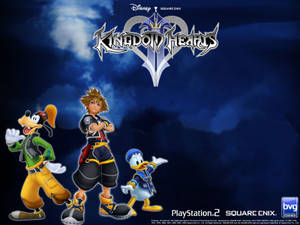 三個Kingdom Hearts角色在風暴天空下英勇地擺姿勢。