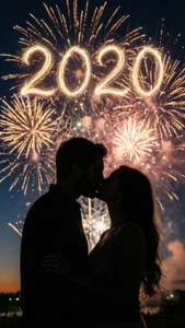 煙火在夜空拼出2020時，一對情侶接吻。