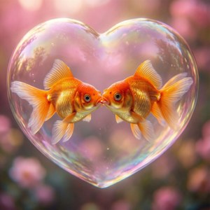 兩條金魚在心形氣泡內接吻，後面有粉紅花朵