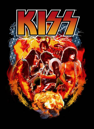 KISS 樂隊成員化妝後被火焰和閃電包圍。