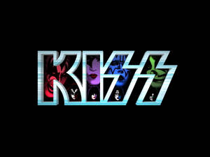 KISS樂隊標誌，成員臉孔化妝於發光字母內。