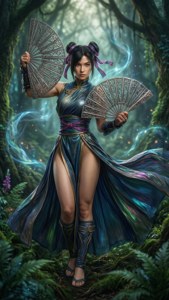 發光森林中持扇的奇幻女戰士