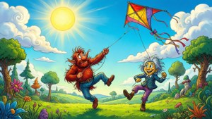 兩個卡通角色在草地上奔跑，在晴天放風箏。
