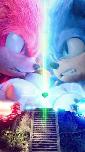 兩隻刺蝟在發光的樓梯上對峙，中間有一顆綠色寶石。