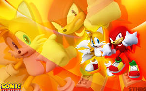 Sonic 角色 Tails 和 Knuckles 以動作姿勢搭配火熱背景。 — 妖精尾巴 壁紙