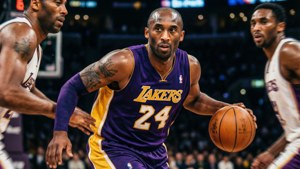 高比拜仁身穿湖人球衣在NBA比賽中運球。