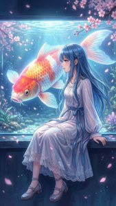 一個藍髮女孩穿著白色連衣裙坐在水族箱旁，裡面有錦鯉和櫻花。