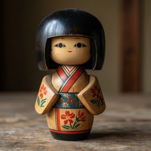 傳統日本木製小芥子娃娃，繪有花卉和服，放在木桌上