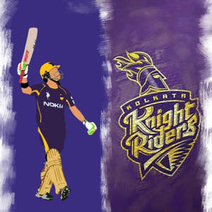 板球運動員在Kolkata Knight Riders標誌旁用球棒慶祝。