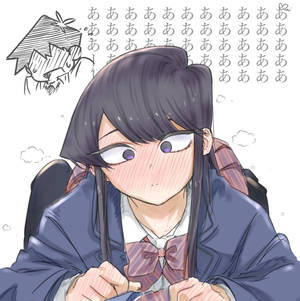 穿著校服的動漫女孩看起來很沮喪，周圍漂浮著日文文字和素描。