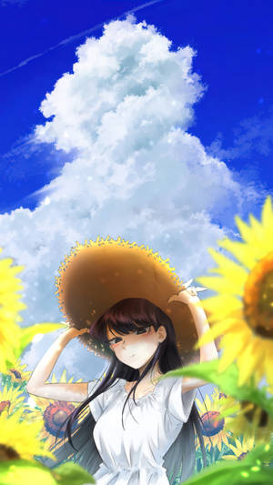 動漫女孩穿白色連衣裙在向日葵田手持向日葵帽，背景藍天。