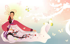 穿著傳統韓服的女士被櫻花和蝴蝶圍繞。