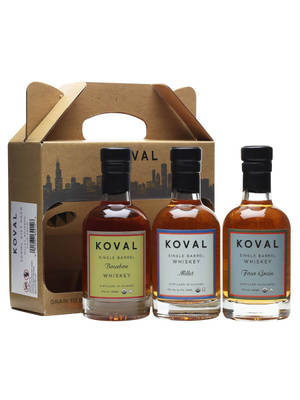 三個Koval威士忌酒瓶，帶芝加哥天際線盒