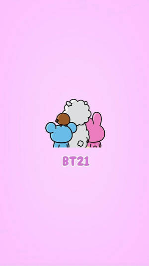 三個BT21角色在粉紅色背景上擁抱。