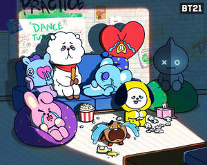 BT21角色在凌亂的房間裡，伴隨著灑出的爆米花和破碎的心海報哭泣。