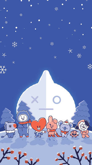 一群穿著冬季服裝的卡通角色，在雪夜天空下站在冰雕前。