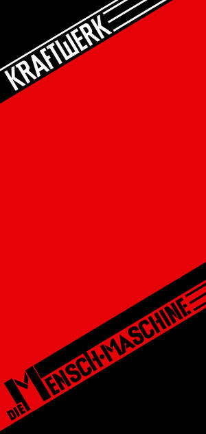 紅黑對角圖形，白色文字 Kraftwerk 和 Die Mensch-Maschine。 — Galaxy S24 FE 壁紙