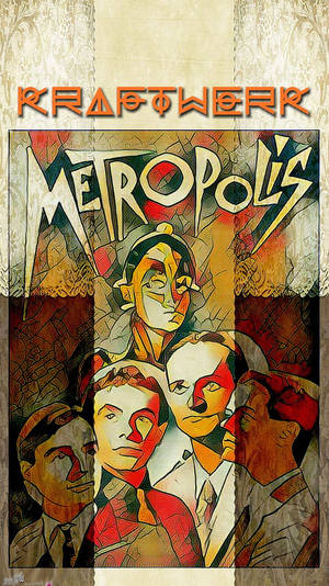 Kraftwerk《Metropolis》專輯封面，溫暖色調的風格化面孔。 — 音樂 GIF 壁紙