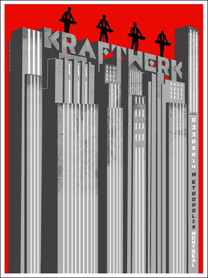 Kraftwerk 樂隊海報，音樂家在摩天大樓上形成樂隊名稱，背景為紅色。 — 音樂 GIF 壁紙