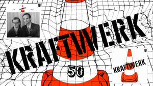 Kraftwerk 樂隊標誌，帶有橙色交通錐和黑色塗鴉文字，背景為白色網格。 — 音樂 GIF 壁紙