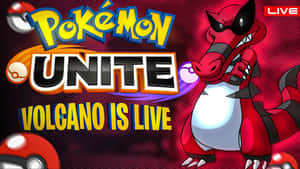 戴著太陽眼鏡的紅色龍系寶可夢，旁邊是遊戲標題「Pokémon Unite Volcano is Live」。