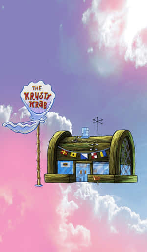 漂浮的 Krusty Krab 餐廳，帶有航海旗幟，背景是粉紫色天空。 — Galaxy Tab A11 壁紙