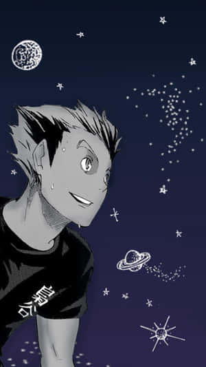 動漫男孩在佈滿行星和宇宙塵埃的星空下微笑。