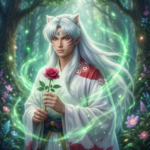 一隻銀髮狐狸精靈在發光的森林中手持一朵粉紅玫瑰。