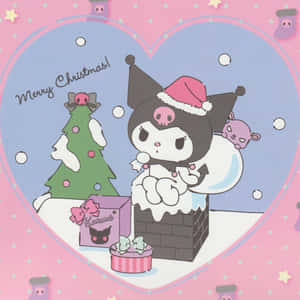Kuromi 戴聖誕帽在煙囪上，與聖誕樹和禮物一起在粉紅色心形邊框內。 — Kawaii 聖誕 GIF 壁紙