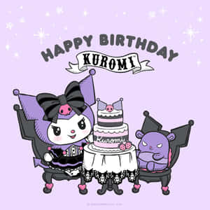Kuromi 和一個紫色生物在星空下的薰衣草天空下用蛋糕慶祝生日。 — 黑川伊佐那 壁紙