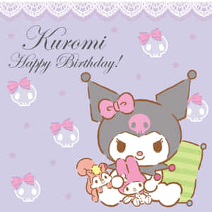 Kuromi 與朋友 My Melody 和 Cinnamoroll 在薰衣草背景上慶祝生日。 — iPad 壁紙