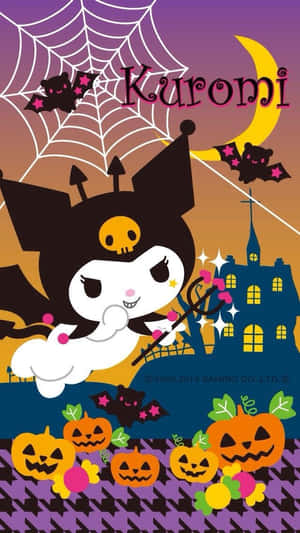 Kuromi 化身女巫飛越南瓜，背景是鬼屋城堡。 — 恐怖萬聖節 壁紙