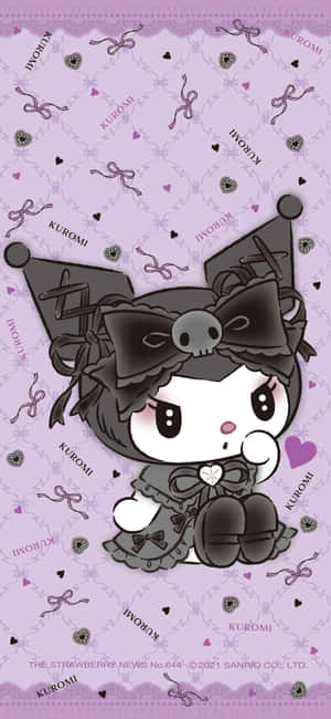 Kuromi 穿著哥德式服裝在帶有蝴蝶結和心形圖案的紫色圖案牆紙上。 — Moto E13 壁紙