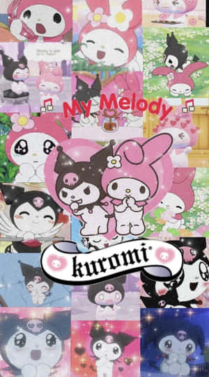 My Melody 和 Kuromi 動漫角色在粉紅色閃亮拼貼畫中，帶有心形和閃光。