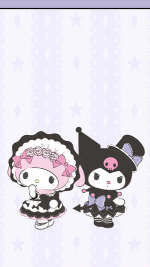 My Melody 和 Kuromi 穿著哥德式蘿莉塔服裝在星空壁紙上。