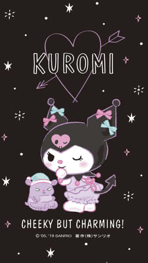 Kuromi 貓咪在星空下拿著棒棒糖，配有愛心和箭頭。 — 黑川伊佐那 壁紙