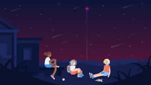 三個孩子在夜空中觀看流星和紫色彗星。 — 設計 壁紙