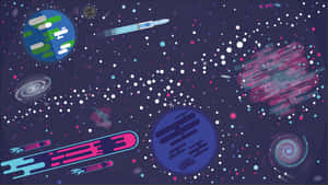 風格化的宇宙場景，有色彩繽紛的行星、星雲和太空船在閃爍的星星之間。 — 藝術 壁紙