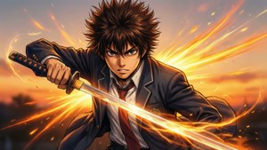 動漫男孩穿著校服在火紅的夕陽中手持發光的劍